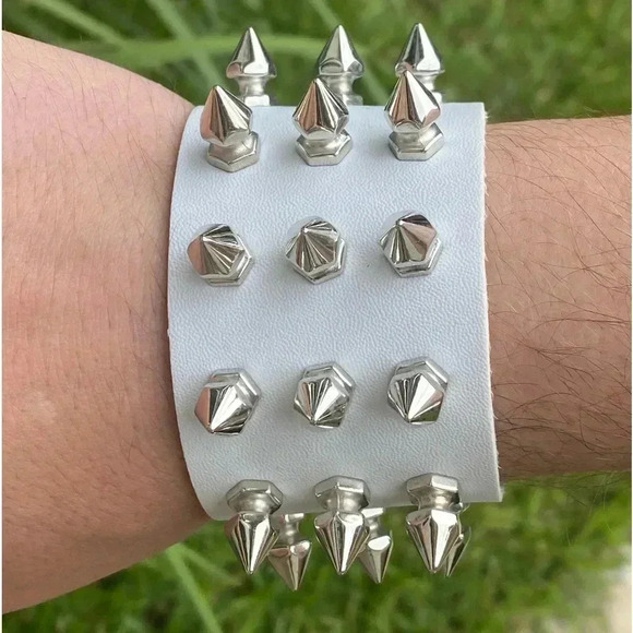 White Leather Punk Goth Rock Triple Spike Metal Stud Snap Cuff Bracelet New - Picture 1 of 3